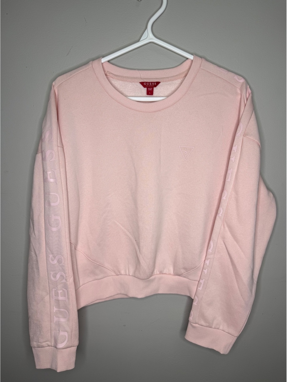 GUESS Pink Cropped Crewneck Sweatshirt Logo Sleeve Tape Women's Size L